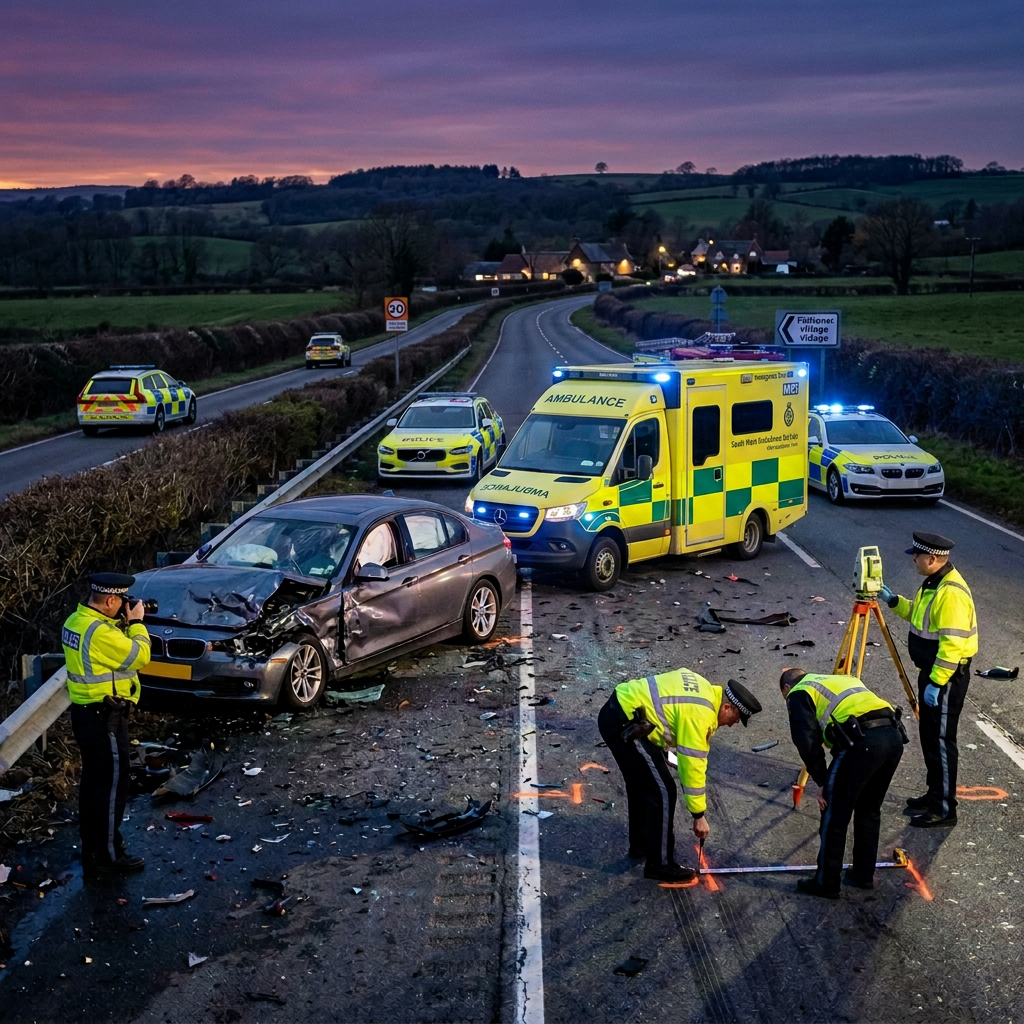 Police officers measuring debris and damaged cars at highway crash site with emergency vehicles lights flashing